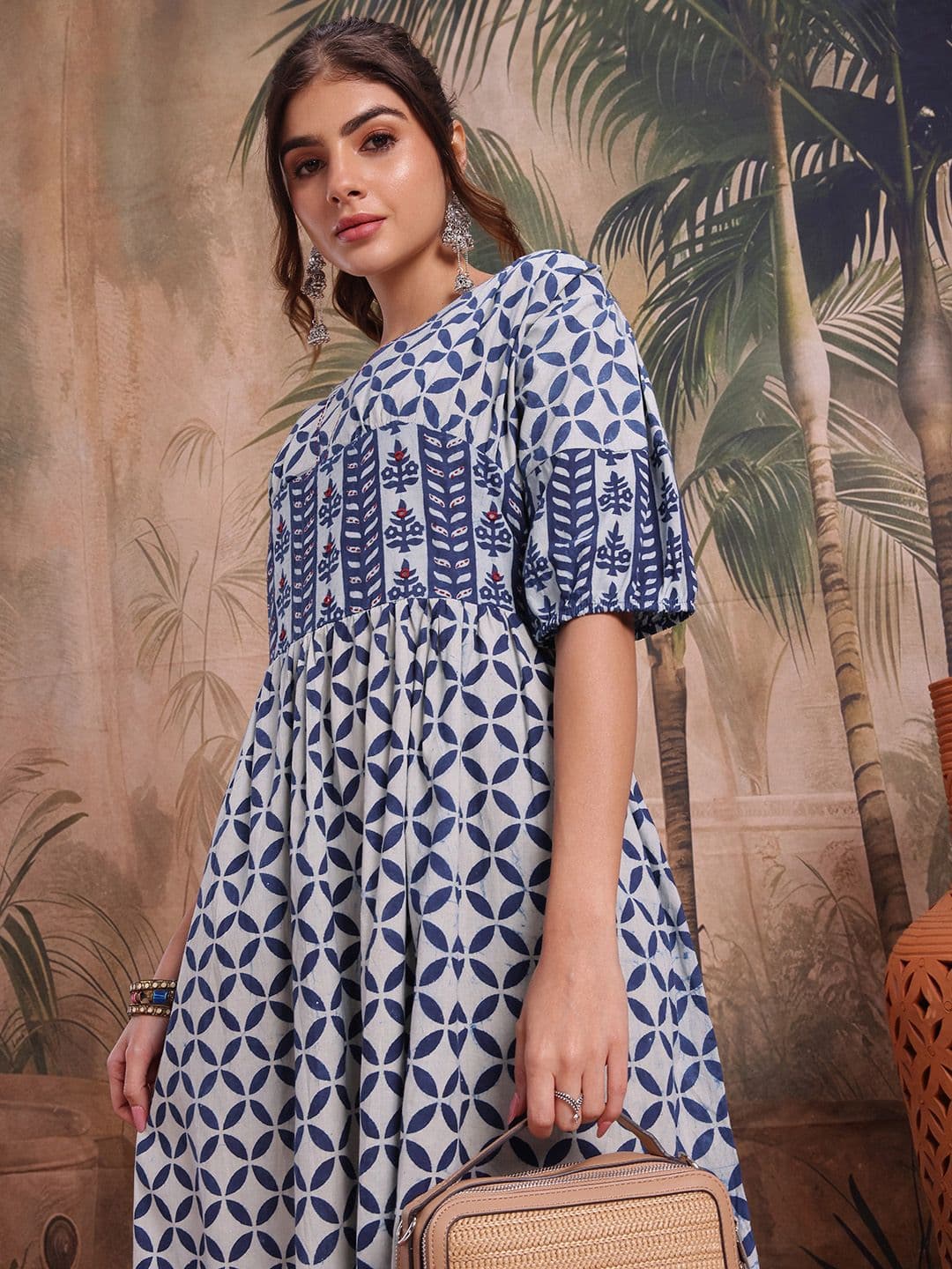 Sangria Mirror Work Ethnic Motifs Printed A-Line Ethnic Dress - view 1