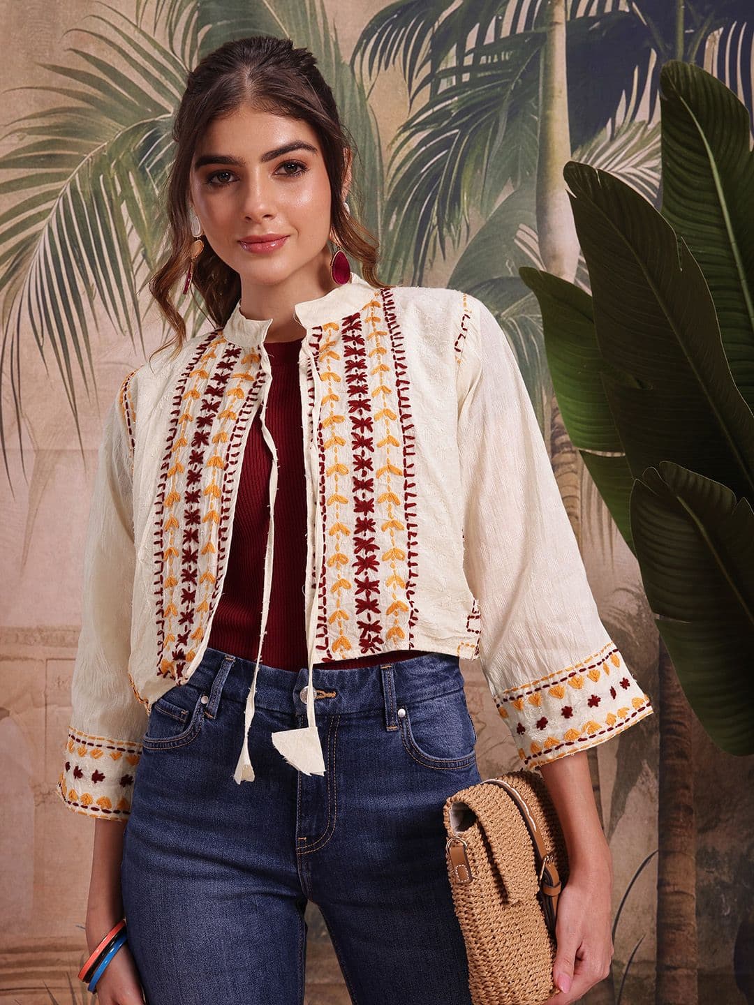 Sangria Geometric Embroidered Tie-Up Shrug - view 1