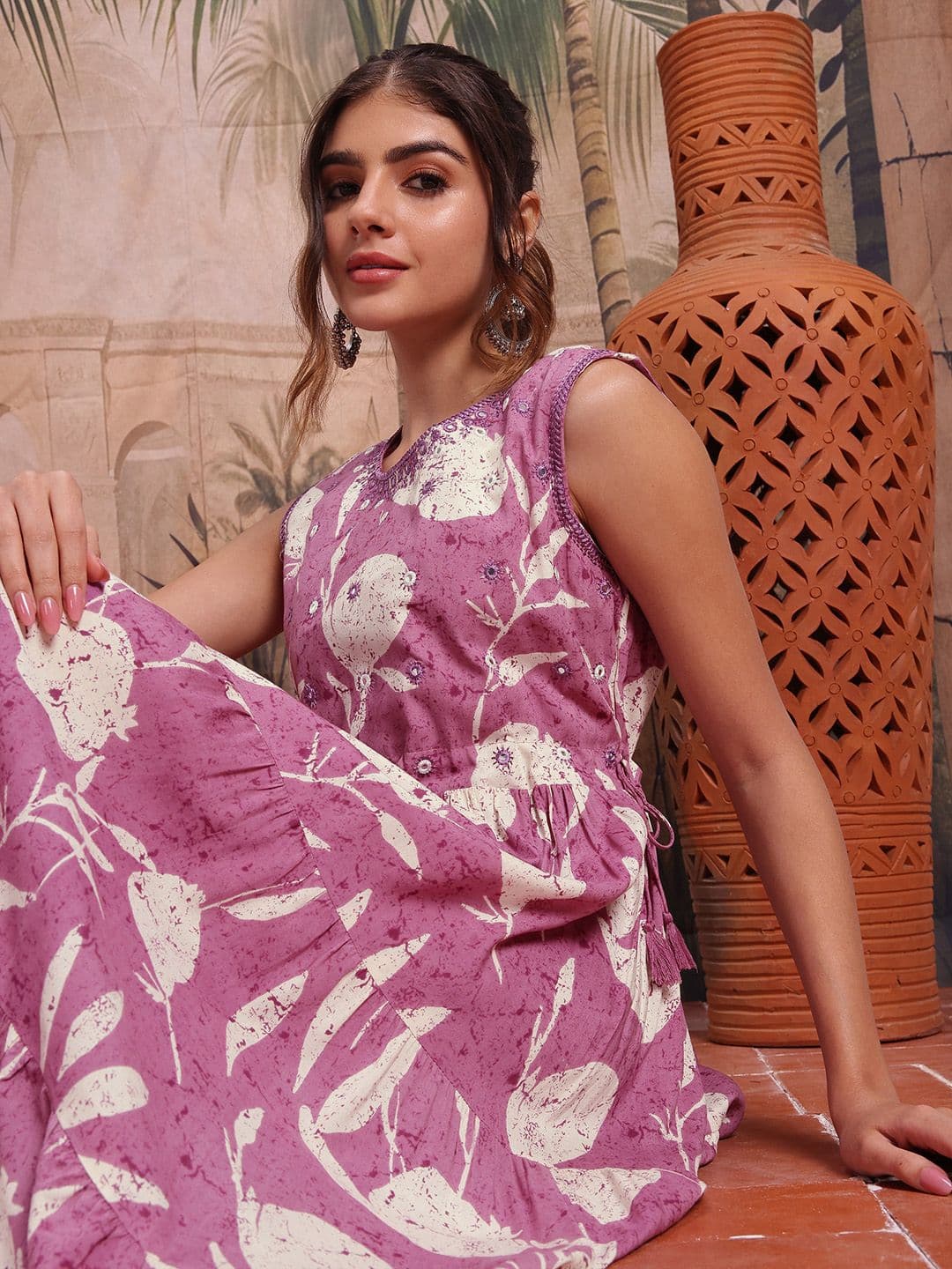 Sangria Floral Printed Tiered A-Line Ethnic Dress - view 1