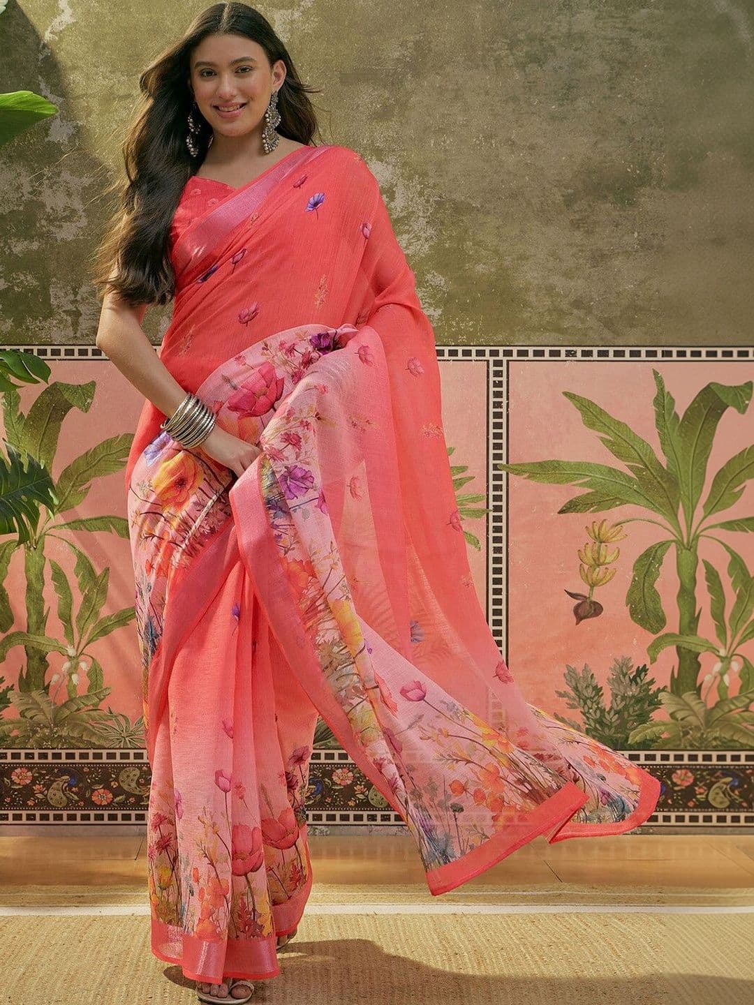 Sangria Floral Printed Saree With Blouse Piece - view 1