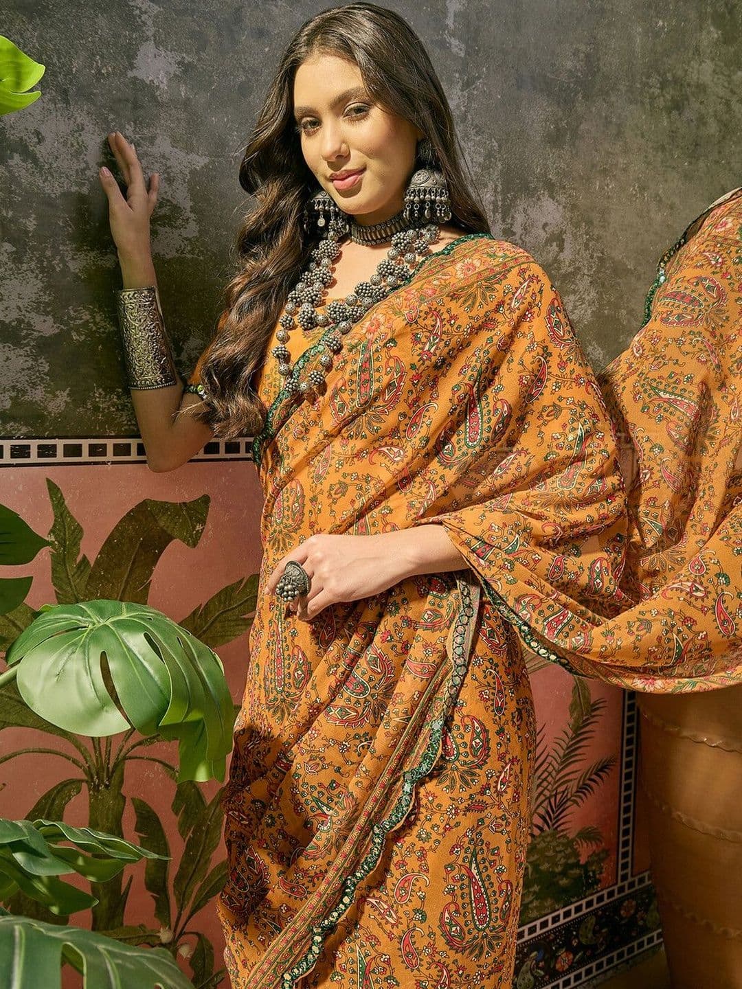 Sangria Printed Georgette Embellished Border Saree With Unstitched Blouse Piece - view 1