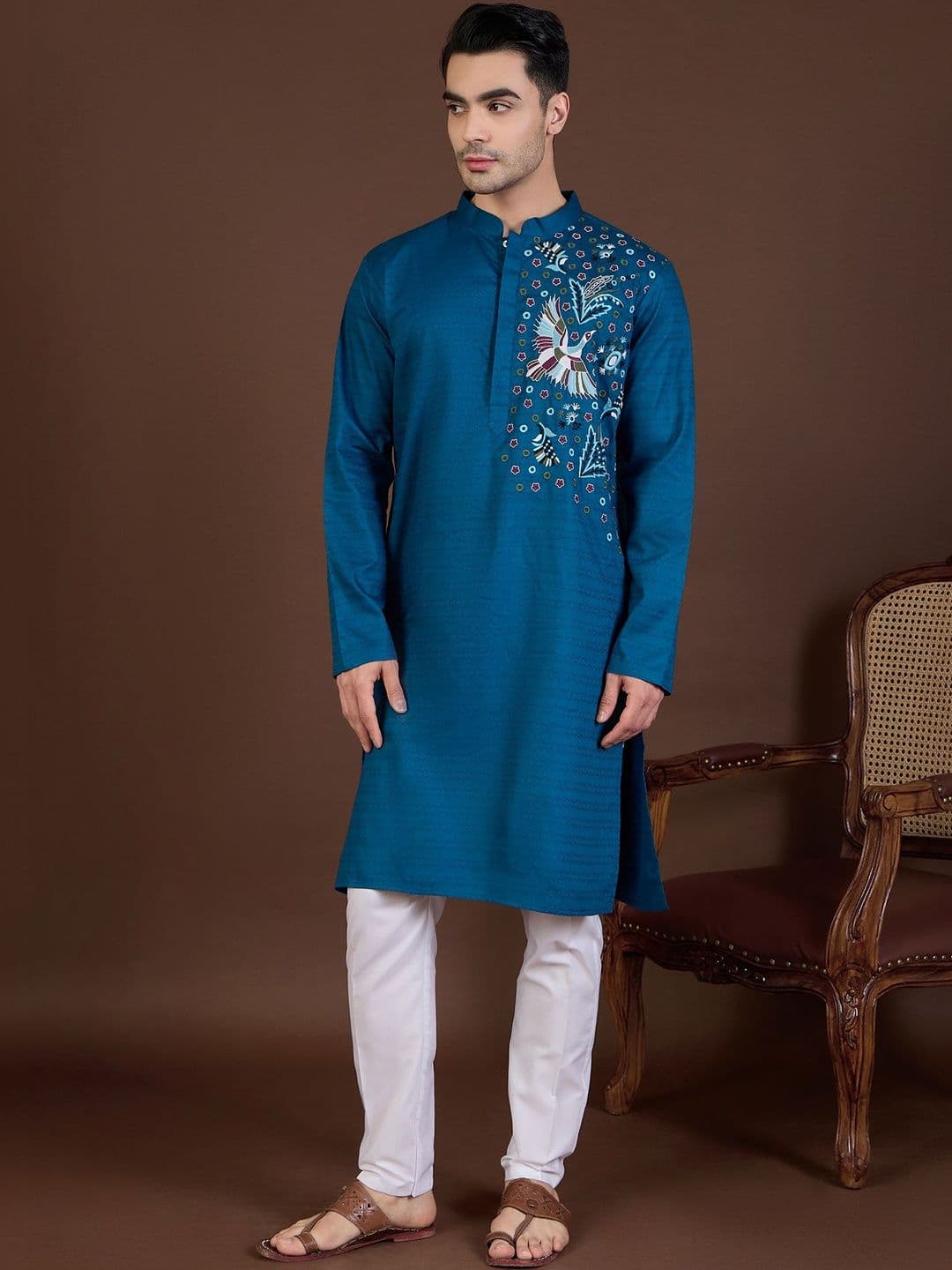 House of Pataudi Embroidered Cotton Mandarin Collar Knee Length Straight Kurtas - view 1