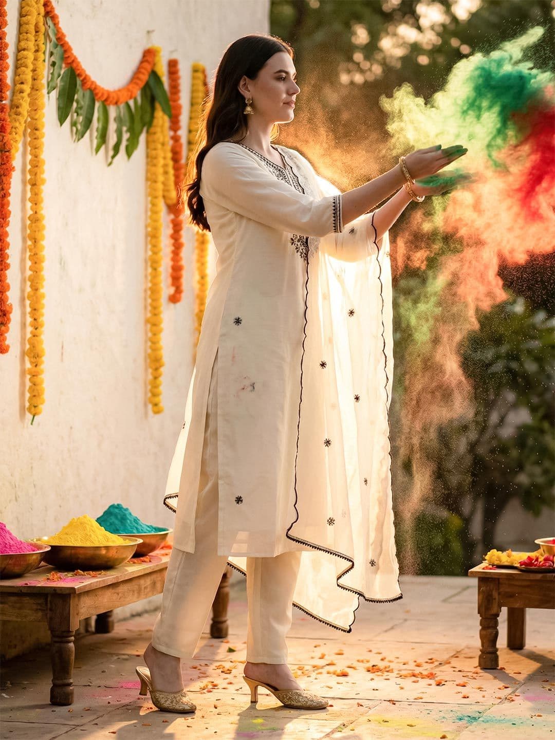 Indo Era Women Ethnic Motifs Embroidered Regular Thread Work Republic Day Kurta with Trousers & With Dupatta - view 1