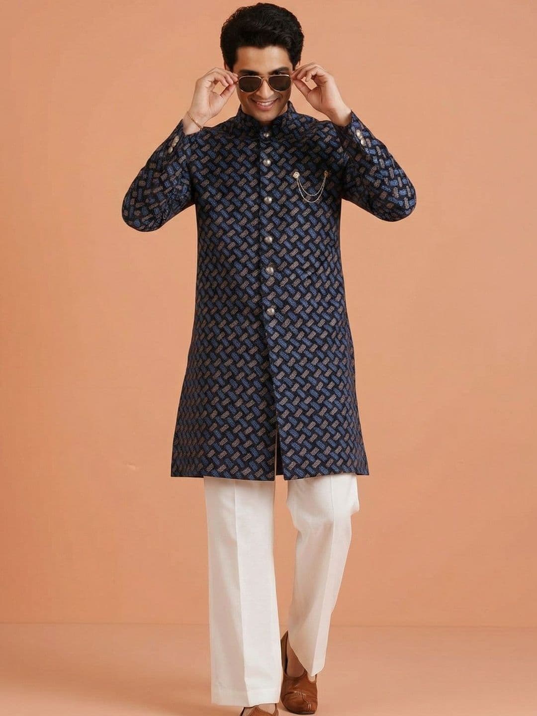 KISAH Abstract Printed Pure Cotton Sherwani With Wide Leg Trouser