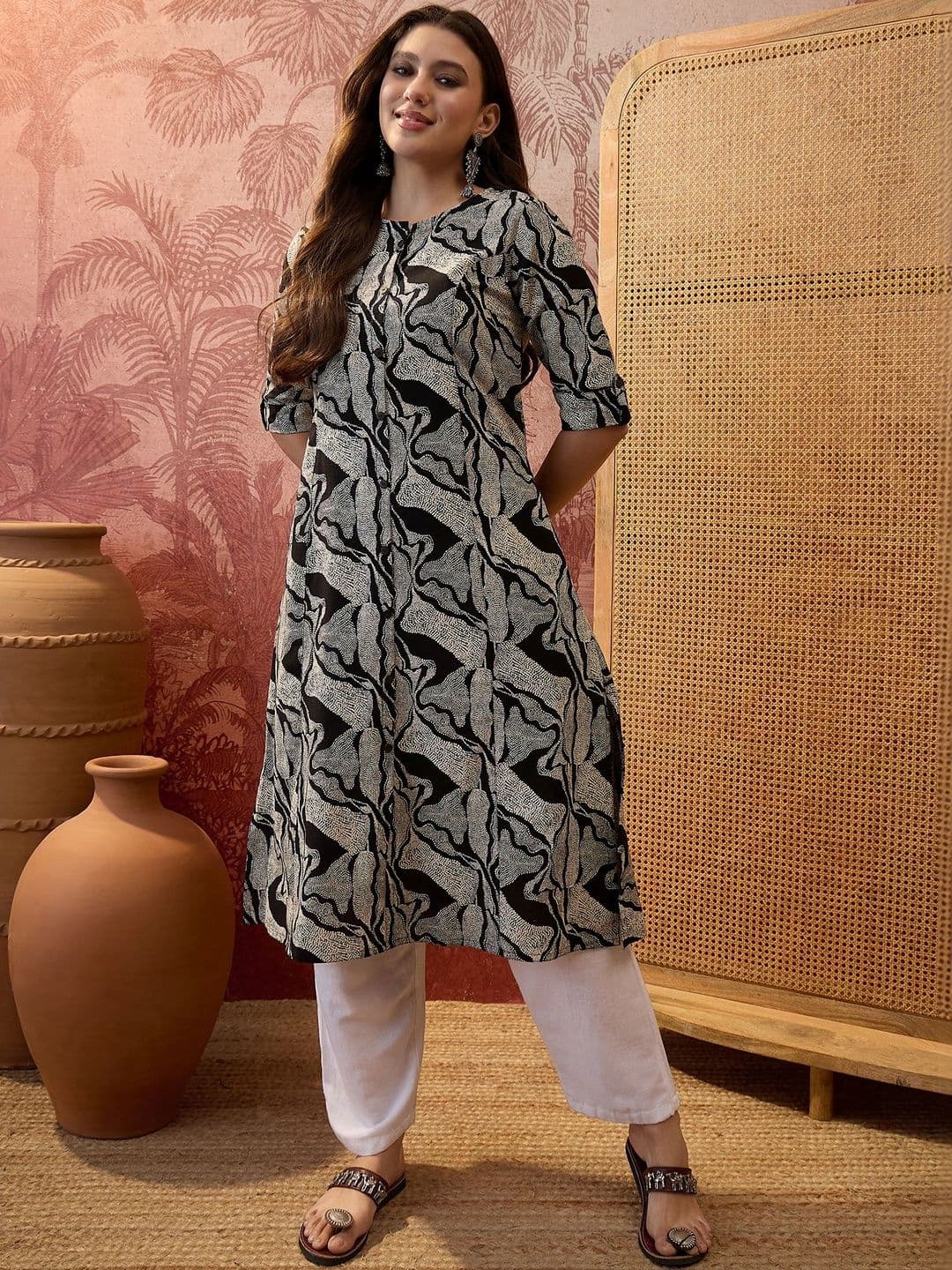 Sangria Printed Round Neck Calf Length A-Line Kurtas - view 1