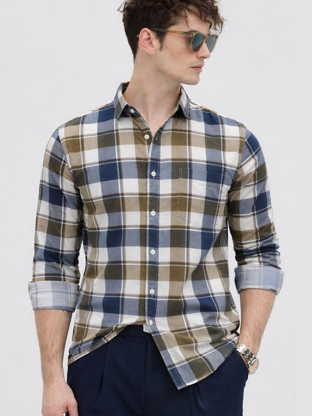 The Roadster Lifestyle Co Checked Pure Cotton Spread Collar Shirt - view 1