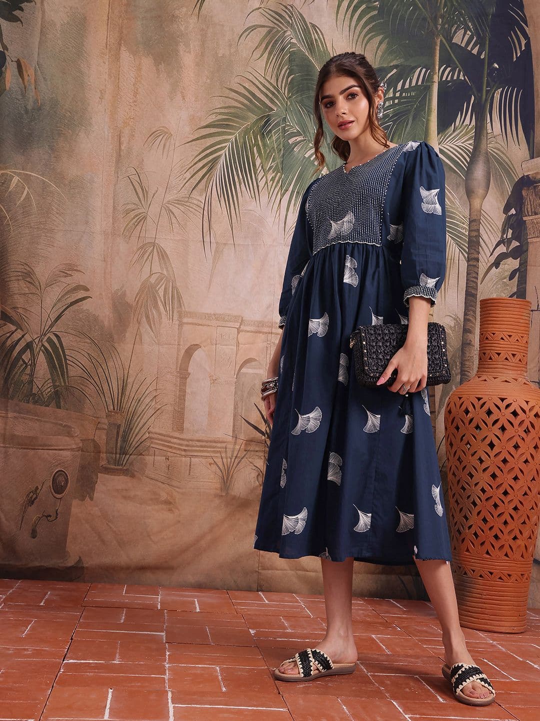 Sangria Tropical Printed Gathers V-Neck A-line Ethnic Dress - view 1