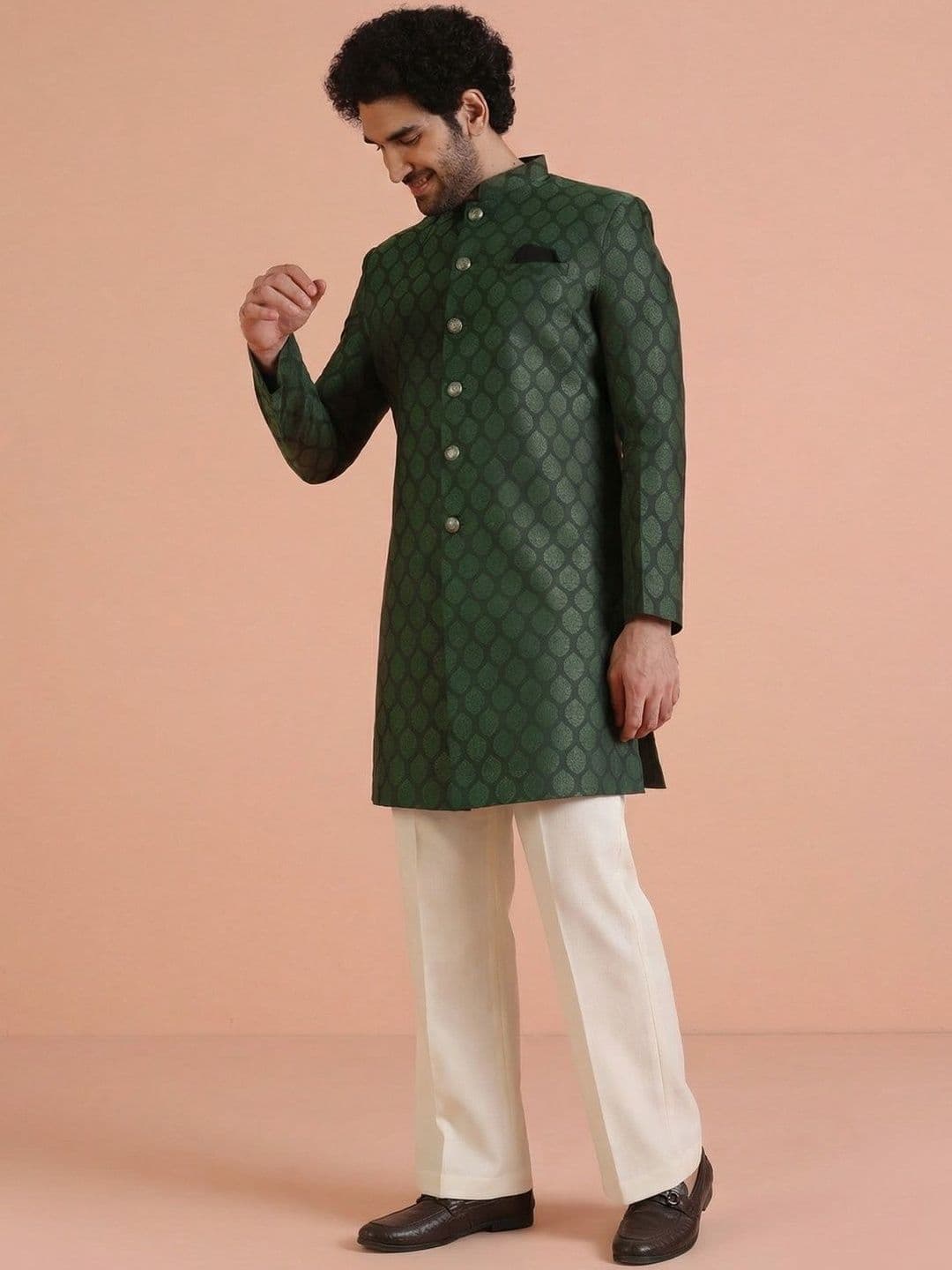KISAH Green Floral Woven Design Mandarin Collar Silk Sherwani With Wide Leg Trouser - view 1