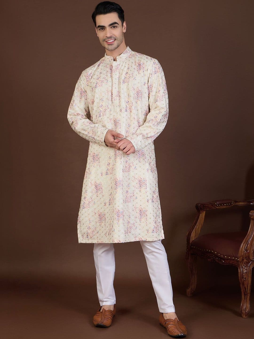 House of Pataudi Embroidered Mandarin Collar Knee Length Straight Kurtas - view 1