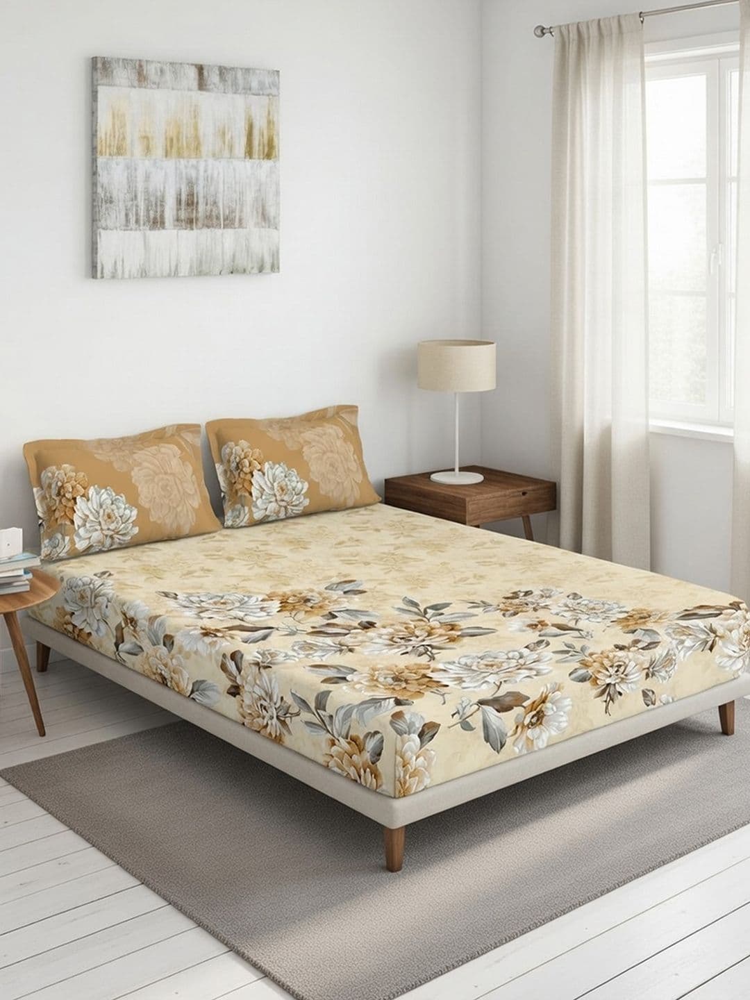 DDecor Brown Floral 145TC King Flat Pure Cotton Bedsheet with 2 Pillow Covers - view 1