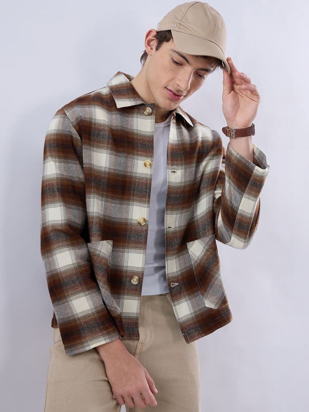 VASTRADO Brown & Beige Oversized Cropped Shacket - view 1