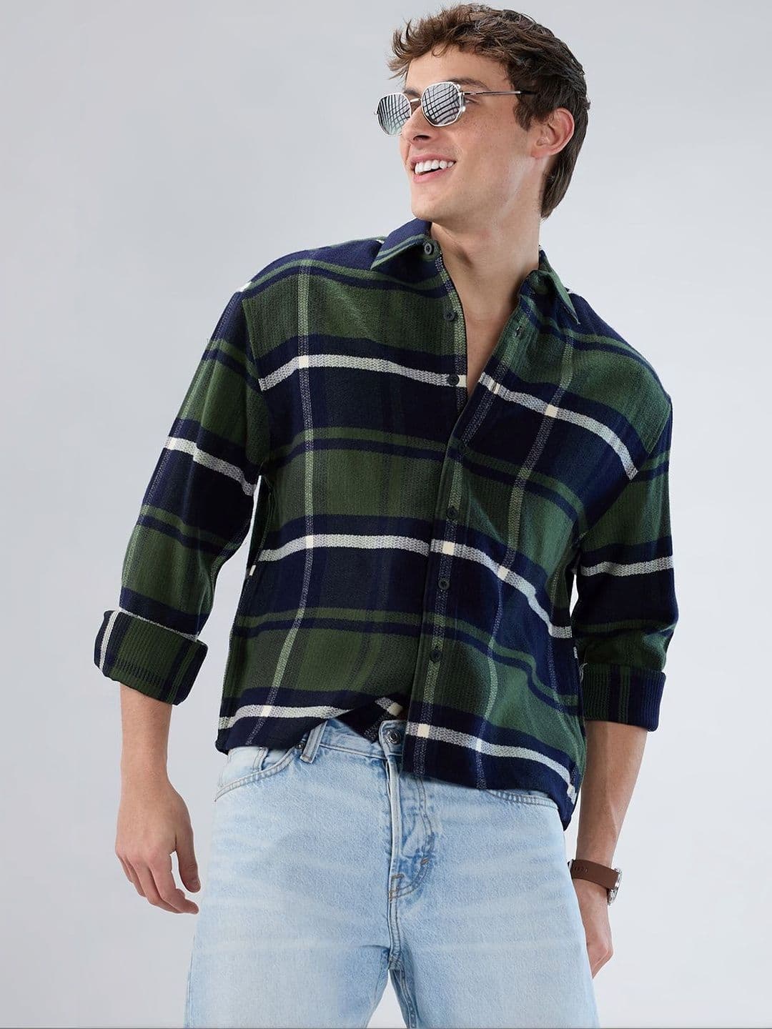 VASTRADO Olive & Black Checked Boxy Fit Crop Flannel Shirt - view 1