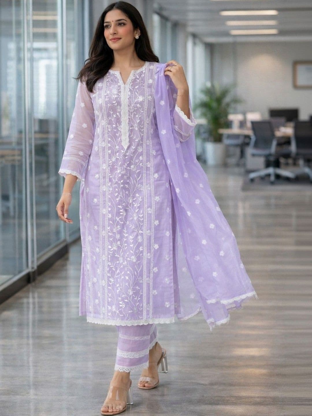 Lookmark Women Ethnic Motifs Embroidered Regular Chikankari Kurta with Trousers & With Dupatta - view 1
