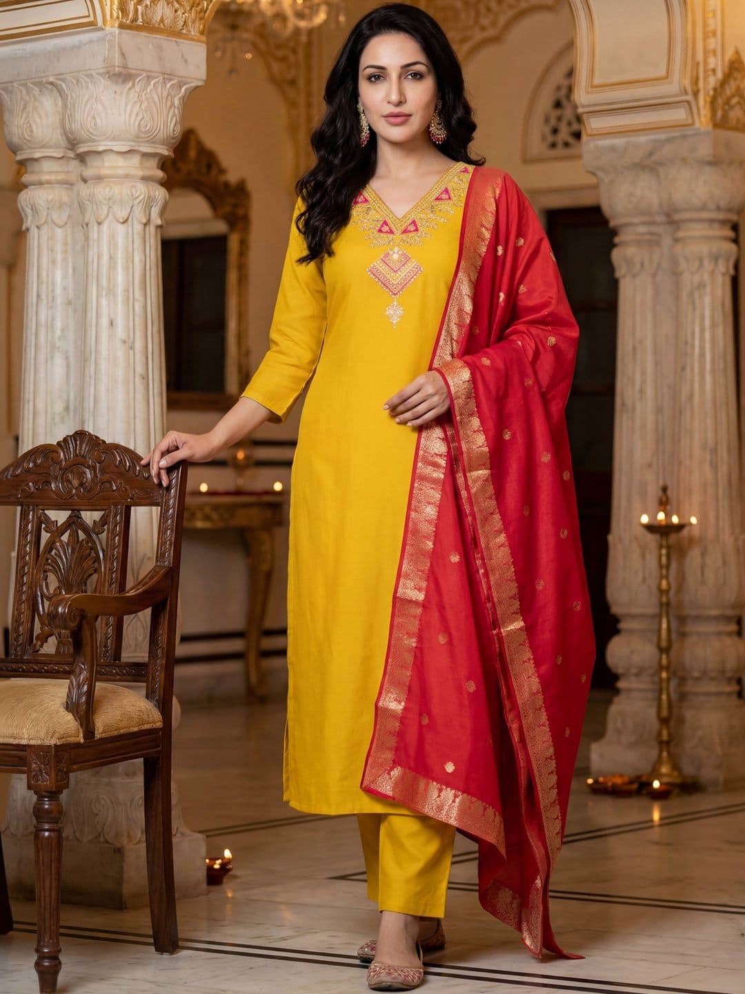 SZN Women Ethnic Motifs Embroidered Regular Thread Work Kurta with Trousers & With Dupatta - view 1