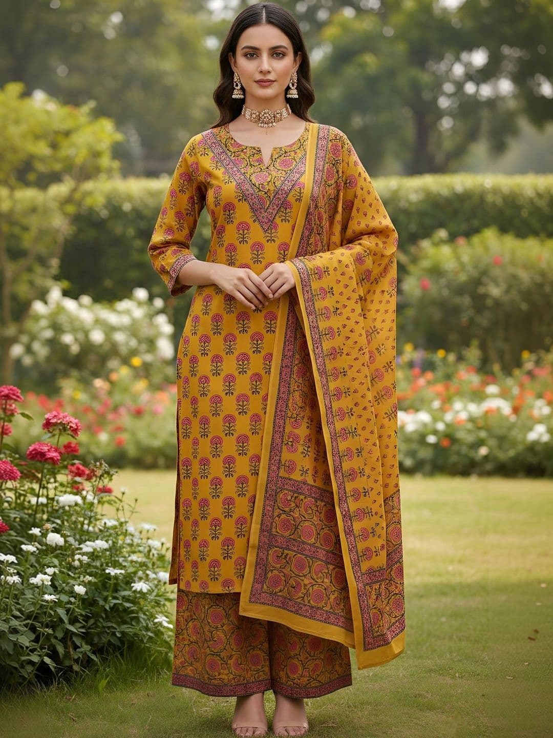 Nayo Women Ethnic Motifs Printed Regular Sequinned Pure Cotton Kurta with Palazzos & With Dupatta - view 1