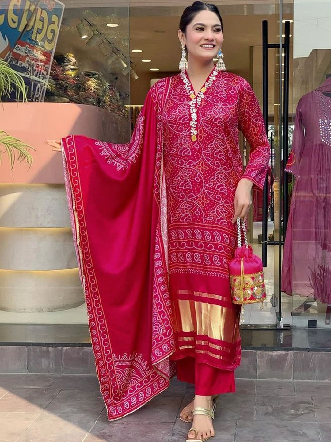 SATANI ENTERPRISE Women Bandhani Printed Regular Gotta Patti Kurta with Trousers & With Dupatta - view 1