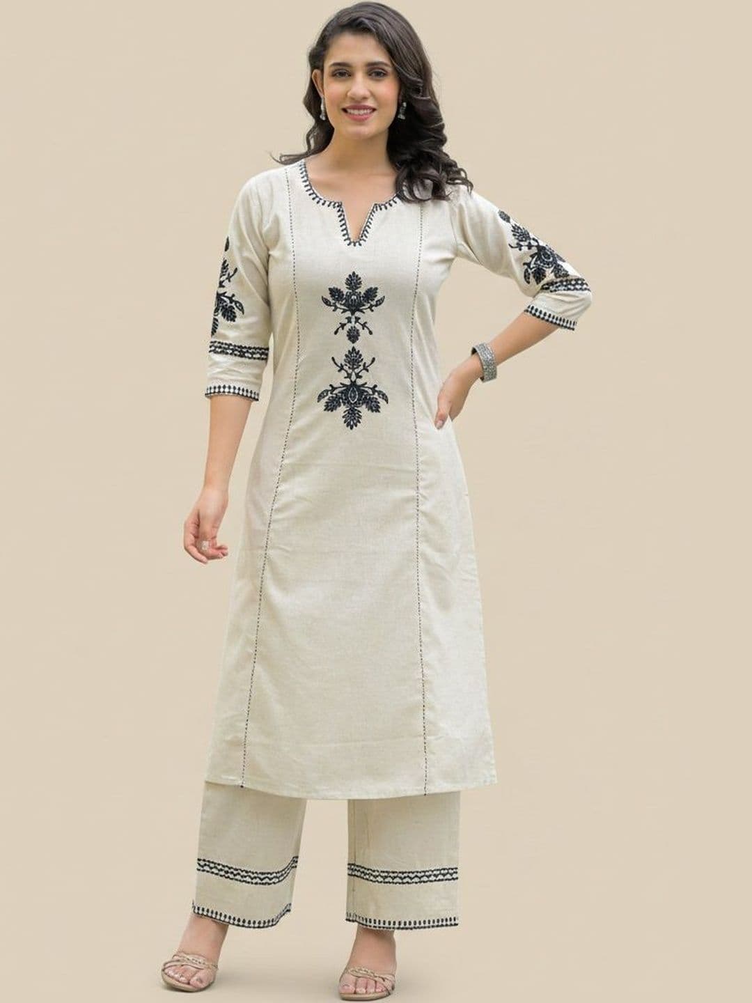 Anouk Rustic Off White Solid Black Embroidery Kurta Pant Set Kurta Sets - view 1