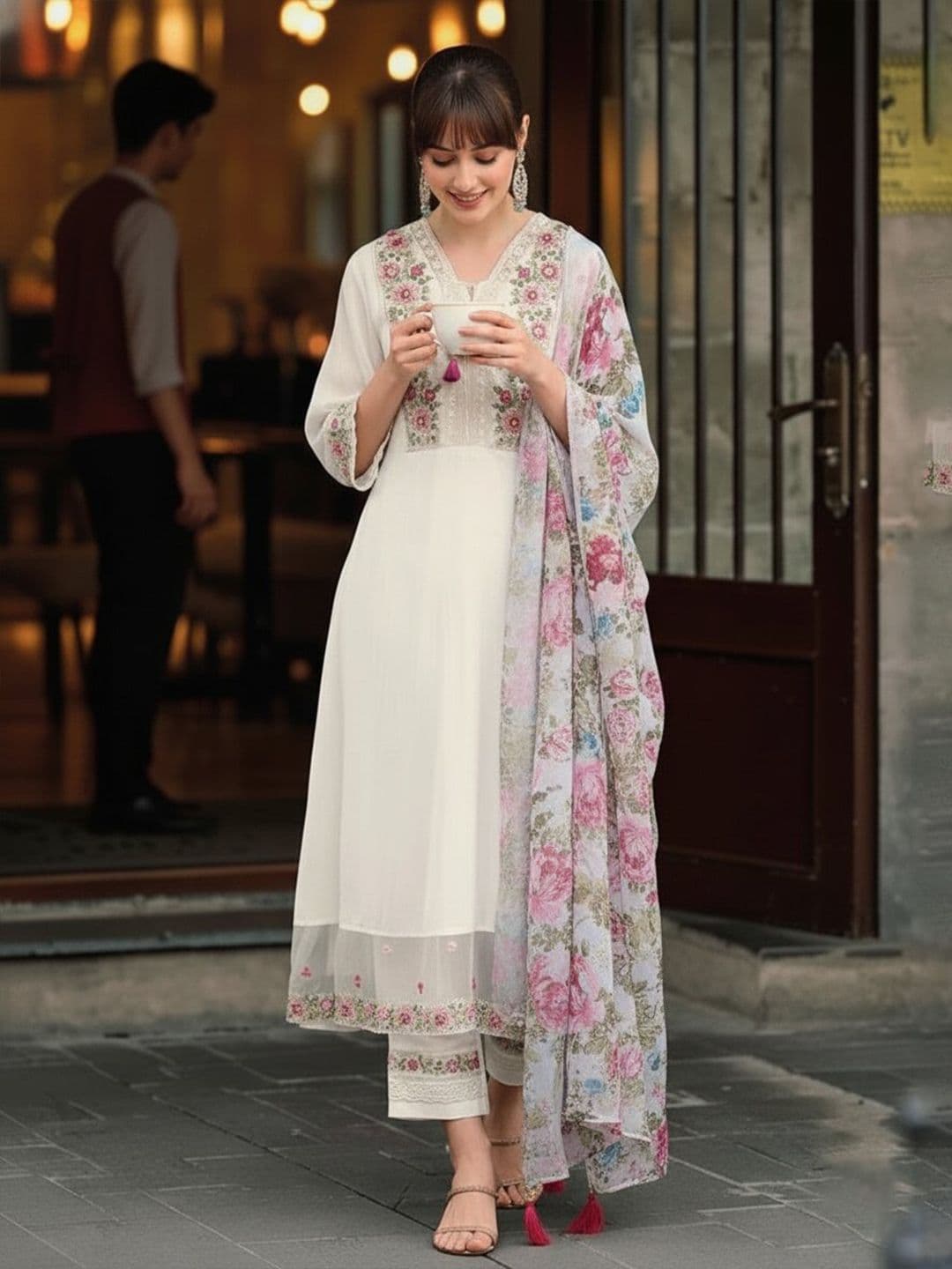 ZIRVI Women Floral Embroidered Regular Thread Work Chanderi Silk Kurta with Trousers & With Dupatta - view 1