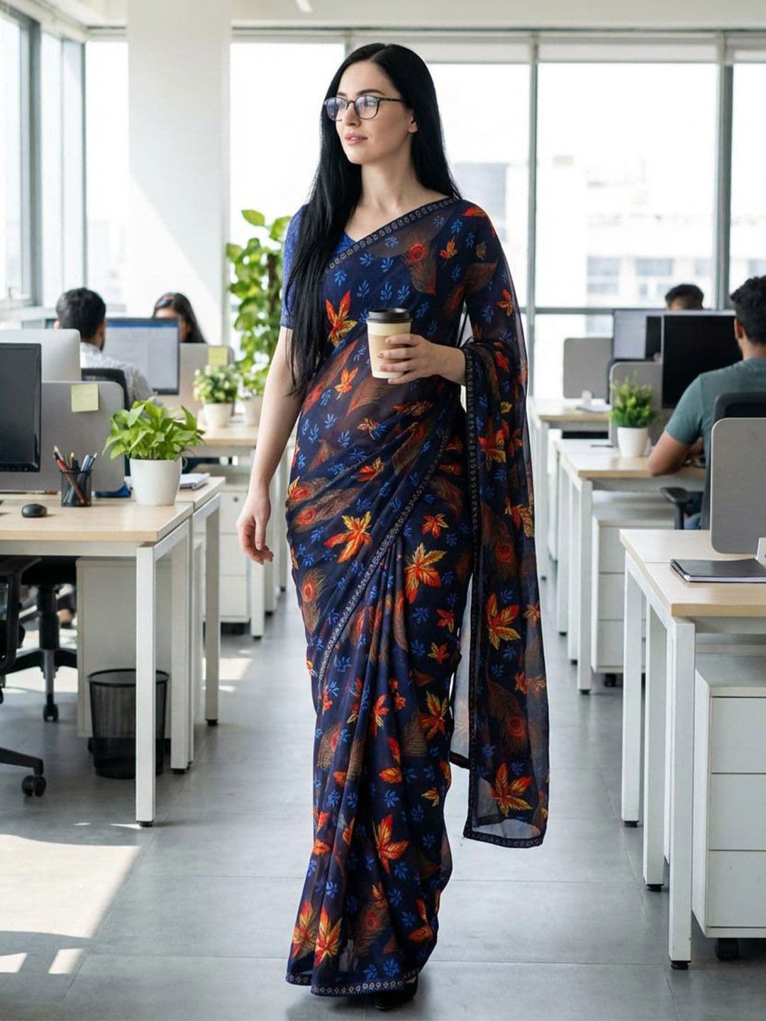 SZN Floral Beads and Stones Poly Georgette Designer Saree - view 1