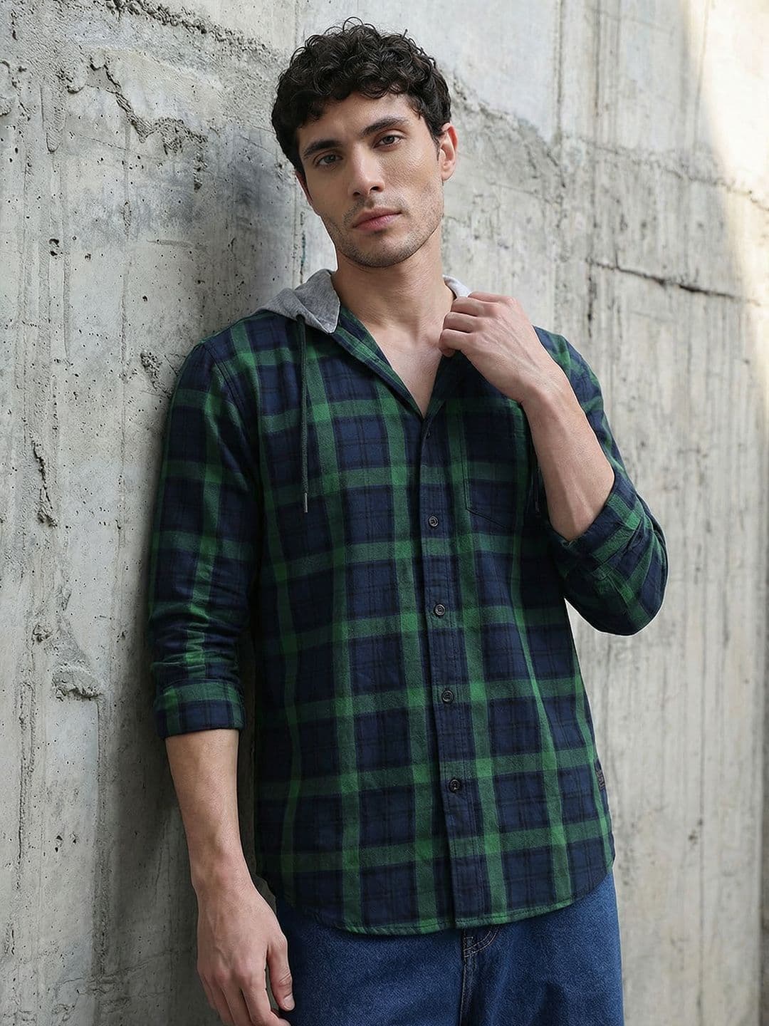 The Roadster Life Co. Men Pure Cotton Checked Hooded Relaxed Fit Shirt - view 1