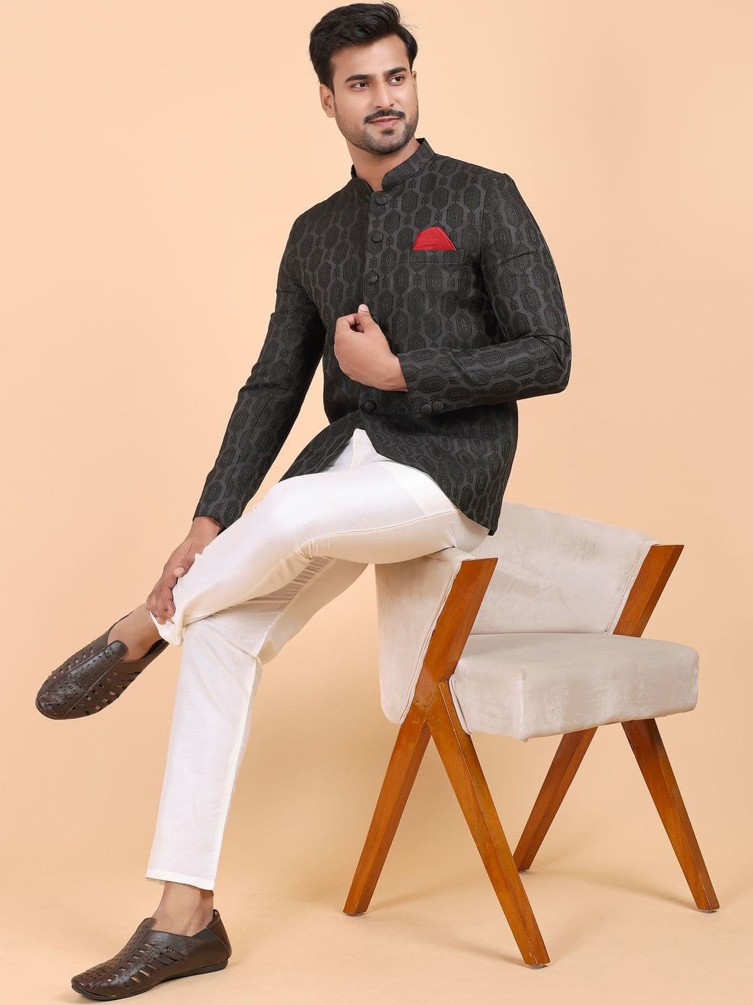W & G Printed Mandarin Collar Jodhpuri Blazers - view 1