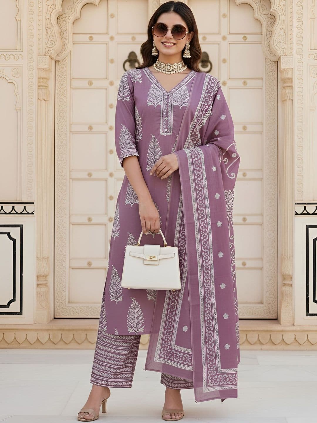 Nayo Women Ethnic Motifs Printed Regular Pure Cotton Kurta with Palazzos & With Dupatta - view 1