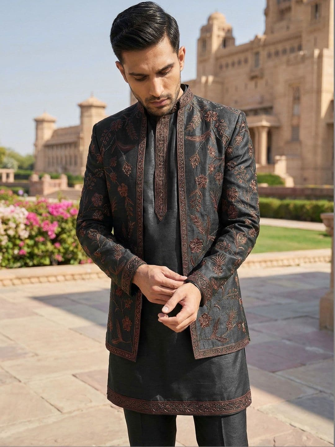 Jompers Embroidered Mandarin Collar Sherwani