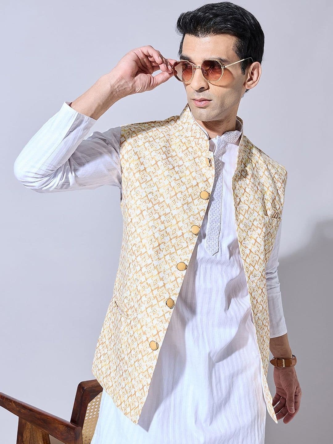 SHOWOFFFF Printed Mandarin Collar Sleeveless Nehru Jacket - view 1