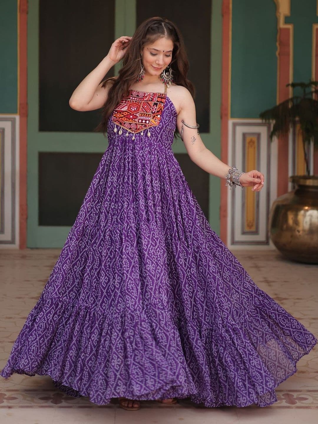 HERE&NOW Embroidered Shoulder Straps Georgette Fit And Flare Dress - view 1