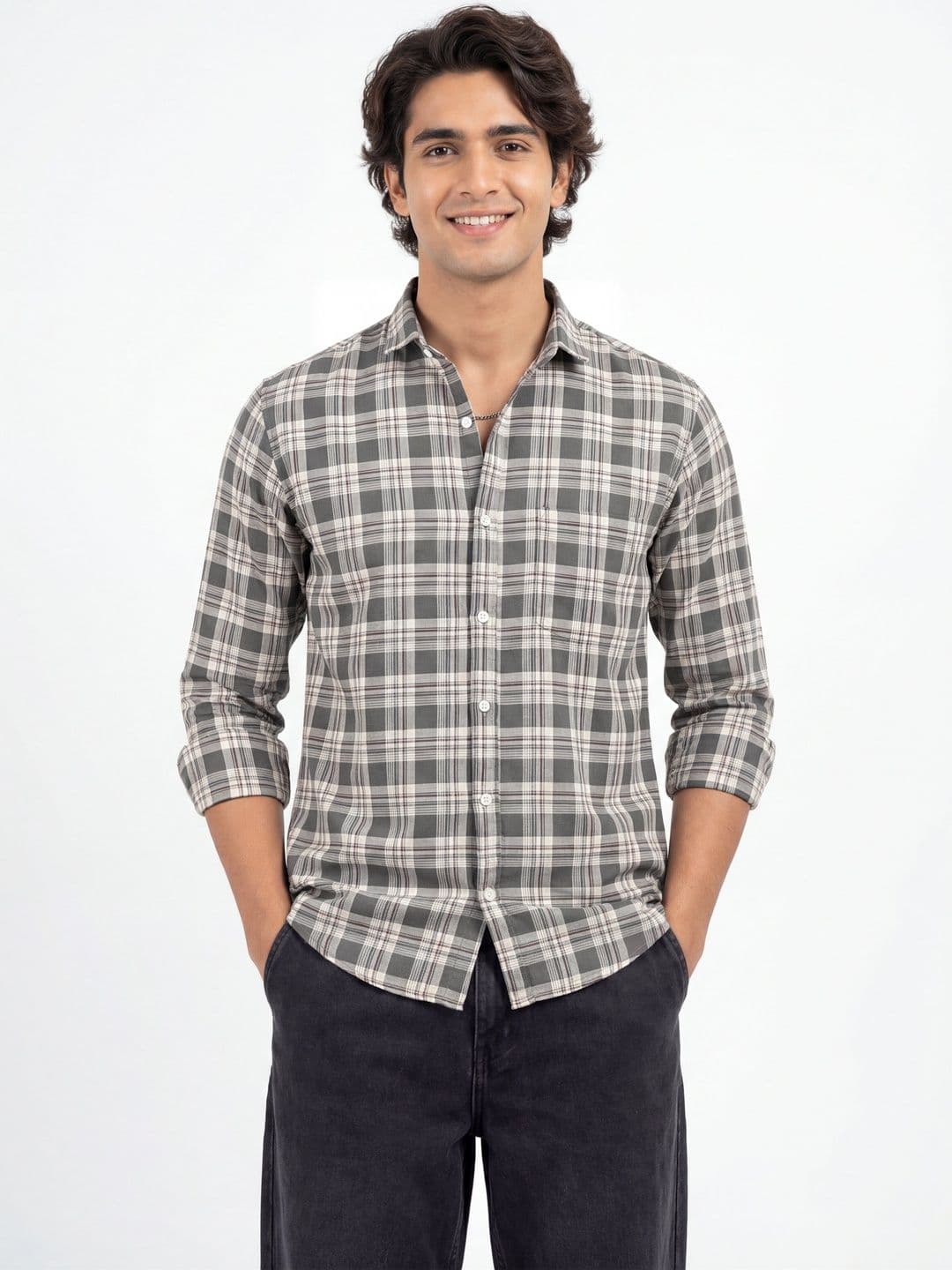 The Roadster Lifestyle Co Checked Pure Cotton Spread Collar Shirt - view 1