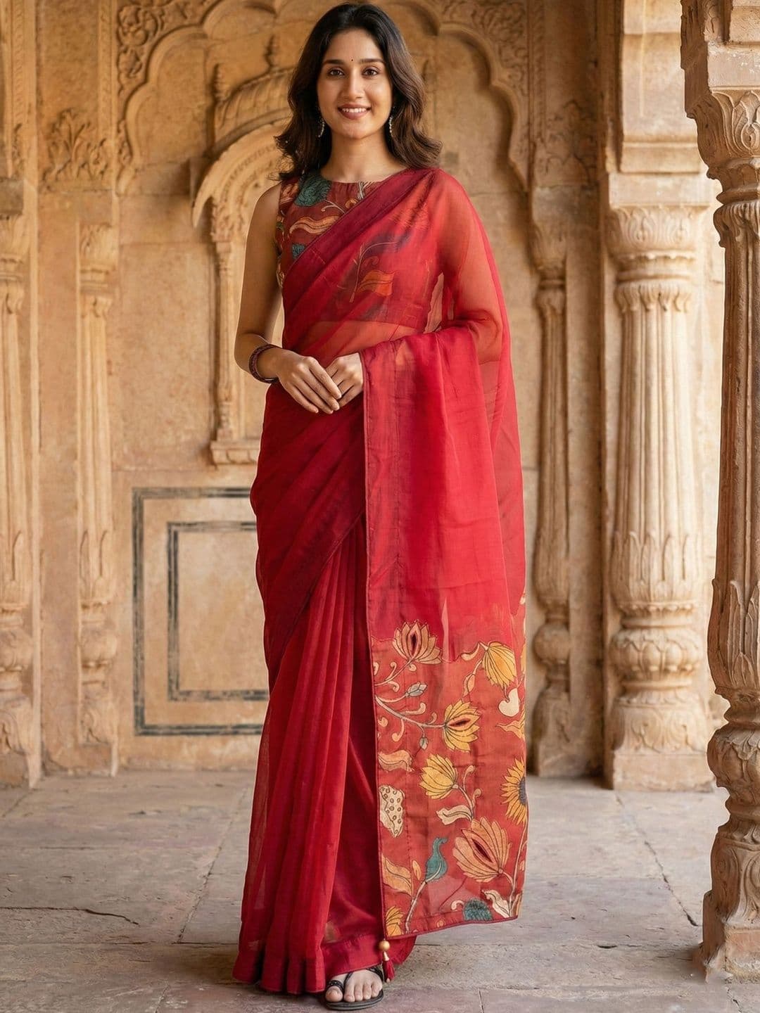 KALINI Floral Linen Blend Block Print Saree - view 1
