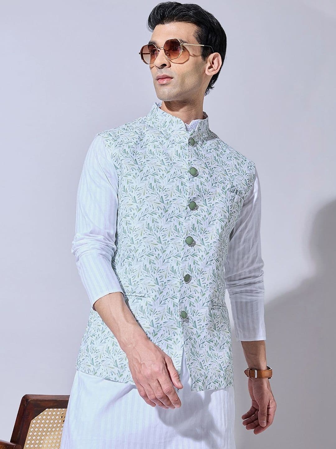 SHOWOFFFF Printed Mandarin Collar Sleeveless Nehru Jacket - view 1