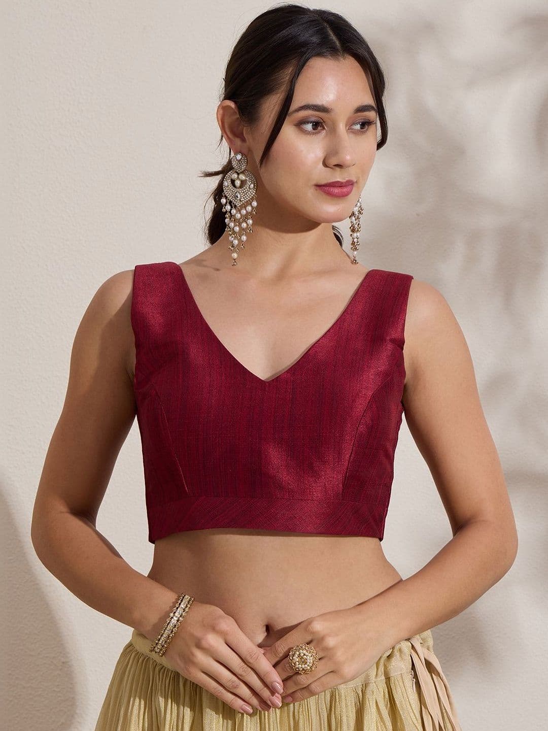 The Blouse Originals Metallic Red Silk Brocade V-Neck Readymade Saree Blouse - view 1