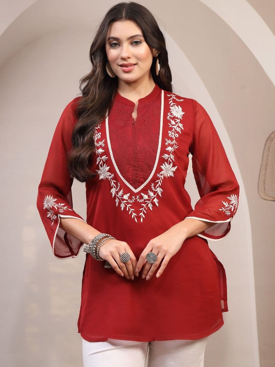Nayam By Lakshita Ethnic Motifs Embroidered Thread Work Pure Chiffon Thread Work Kurti - view 1