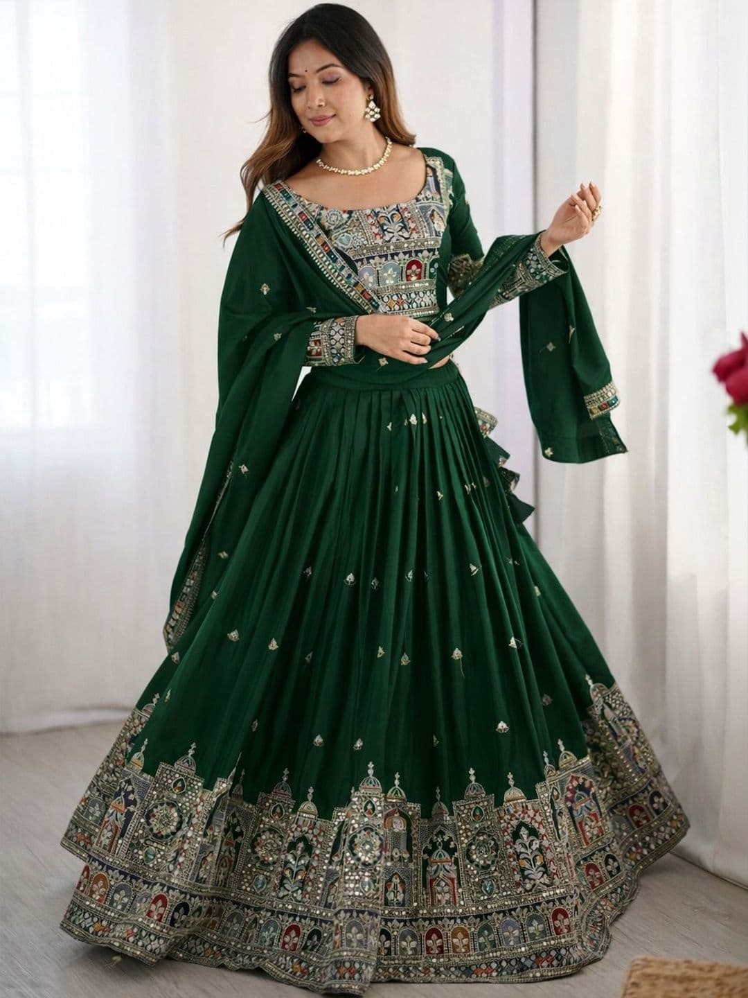 SUPPAR SLEAVE Embellished Mirror Work Ready to Wear Lehenga & Blouse With Dupatta - view 1