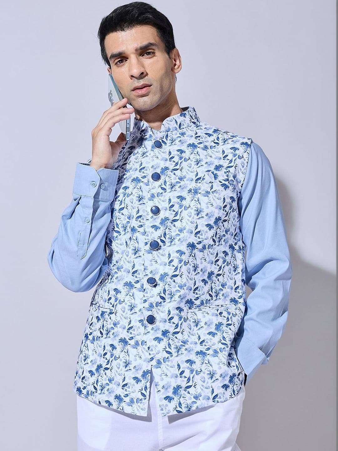 SHOWOFFFF Printed Mandarin Collar Sleeveless Nehru Jacket - view 1