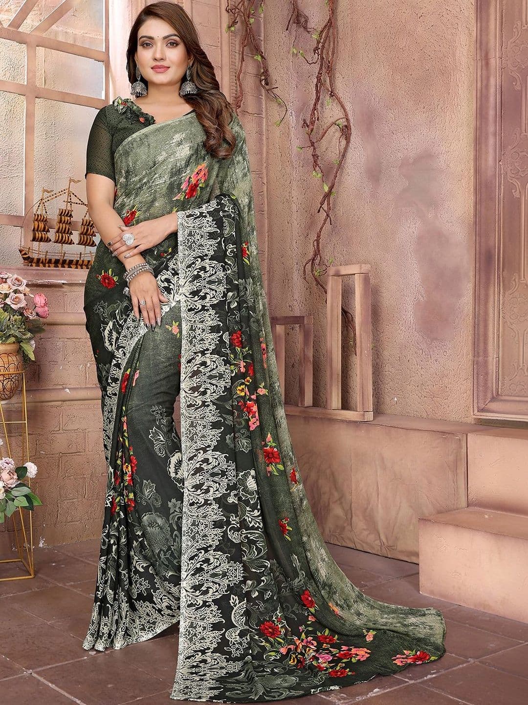 SZN Floral Poly Georgette Designer Saree - view 1