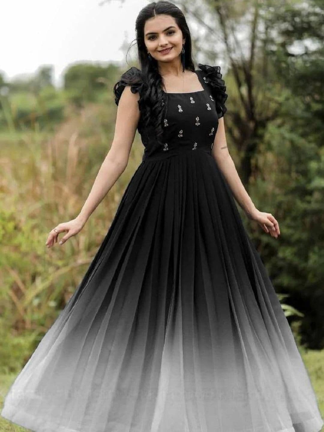 HERE&NOW Embroidered Square Neck Georgette Fit And Flare Dress - view 1