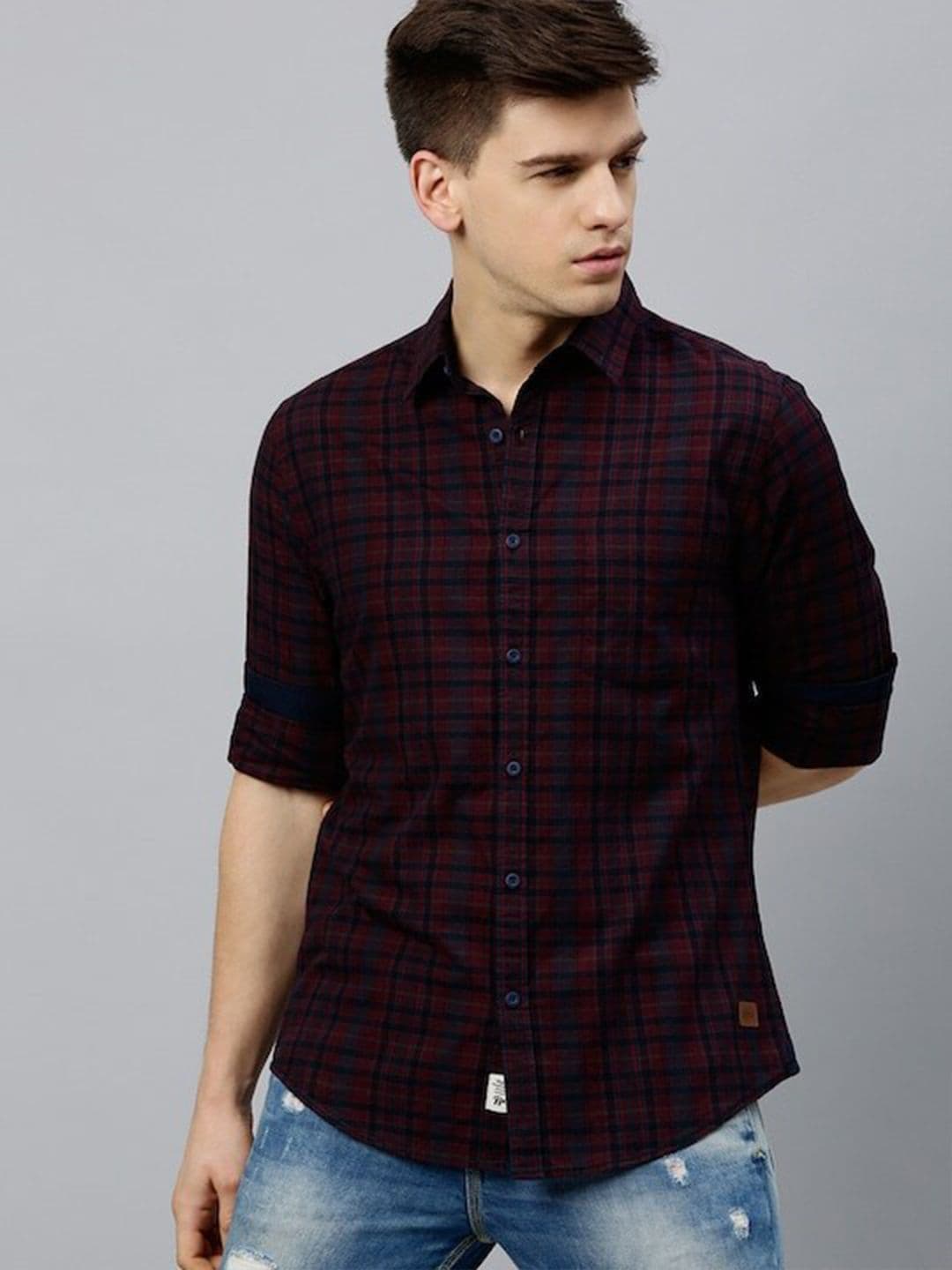 The Roadster Lifestyle Co. Navy Blue & Maroon Checked Pure Cotton Twill Casual Shirts - view 1