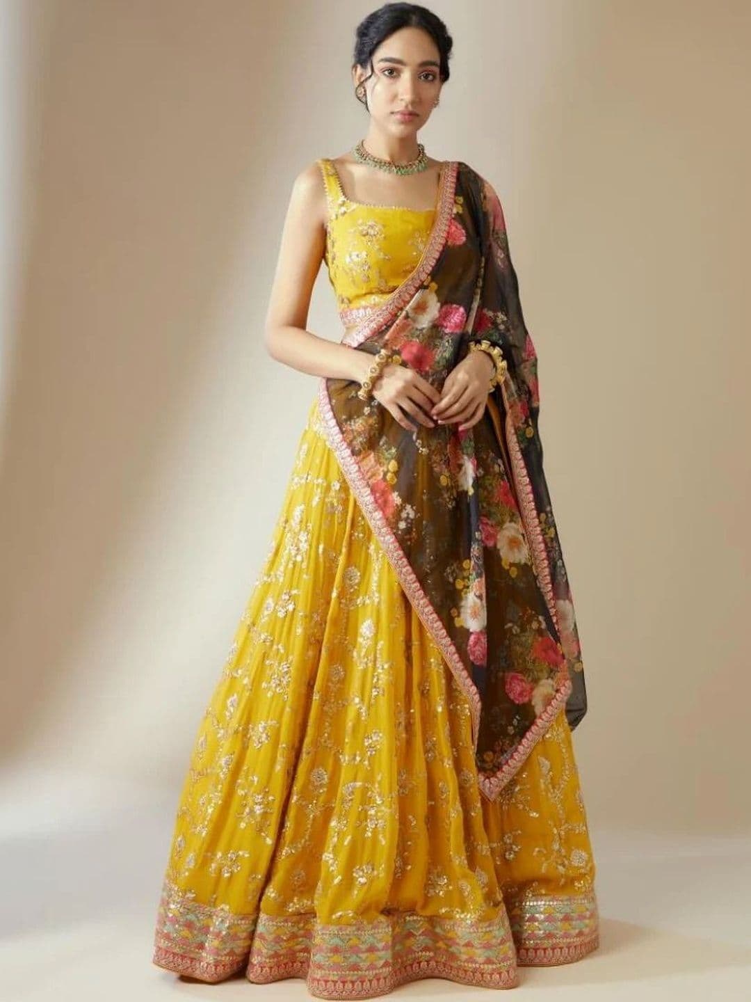 House of Pataudi Embroidered Round Neck Flared Lehenga Choli - view 1
