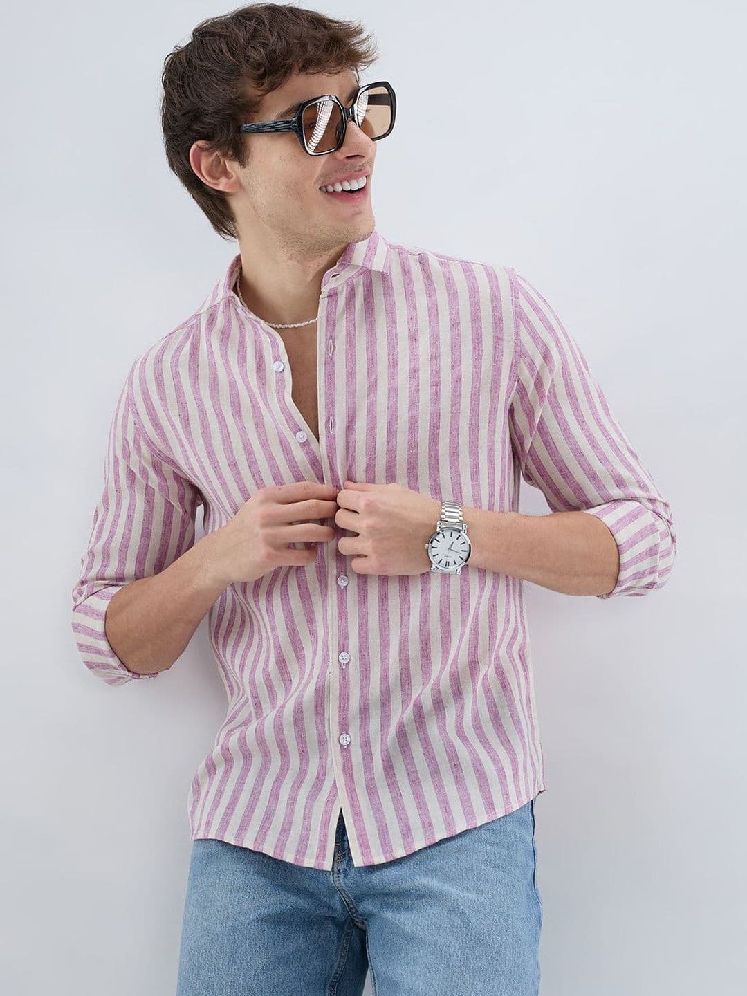 VASTRADO Cerise Pink & Ivory Balanced Striped Linen Blend Shirt - view 1