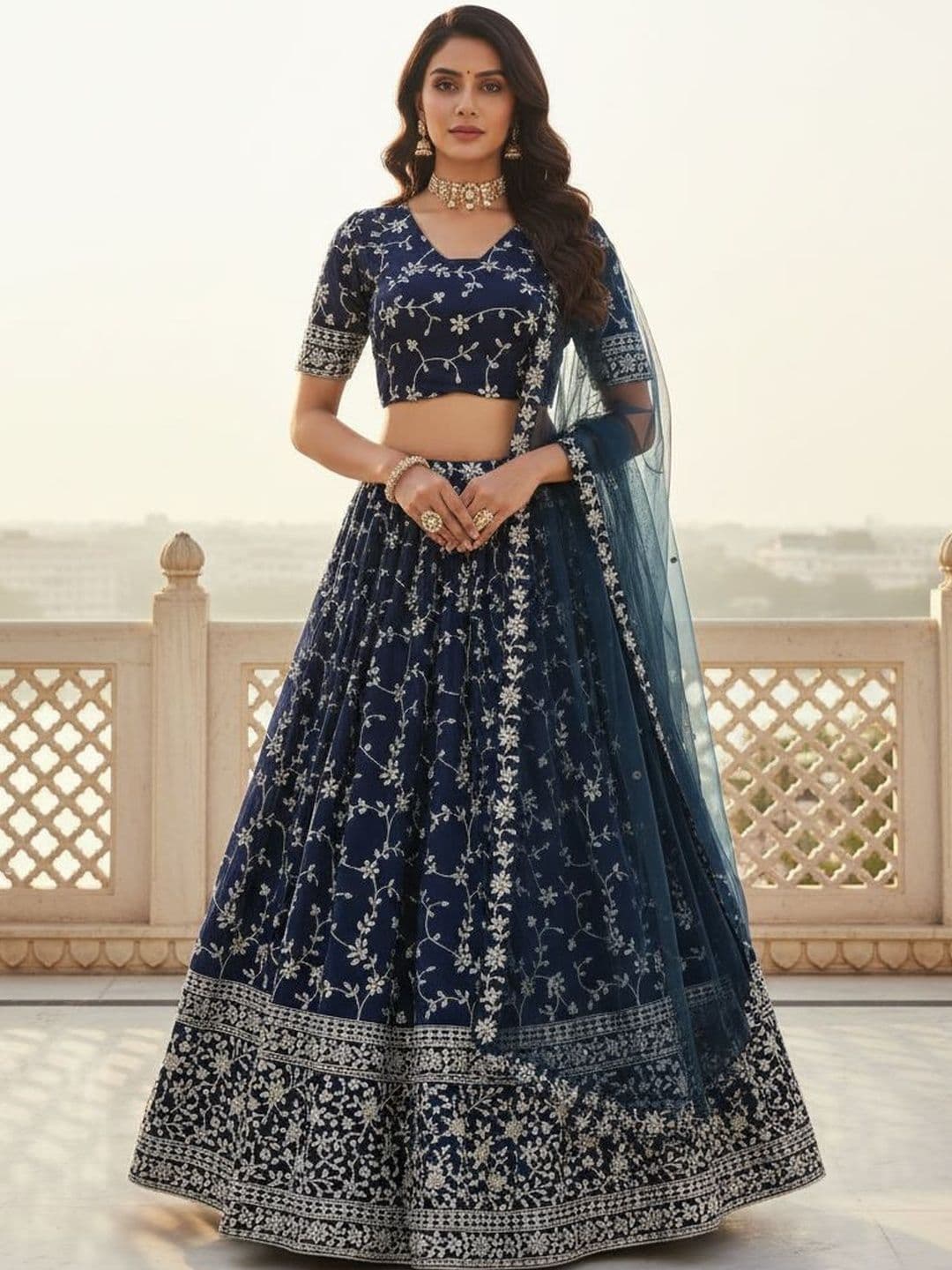 House of Pataudi Embroidered V-Neck Flared Lehenga Choli - view 1