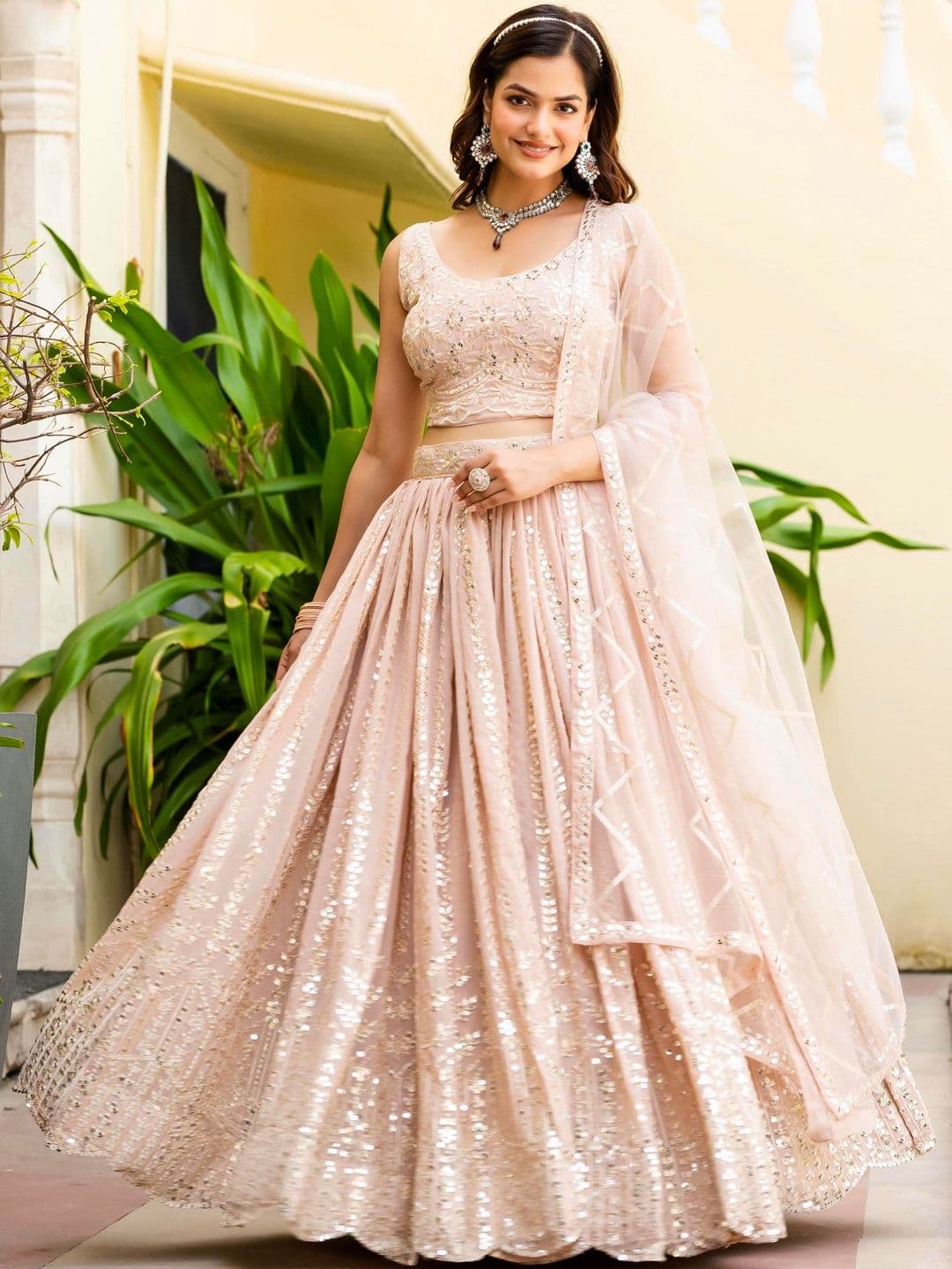 House of Pataudi Embroidered Round Neck Flared Lehenga Choli - view 1