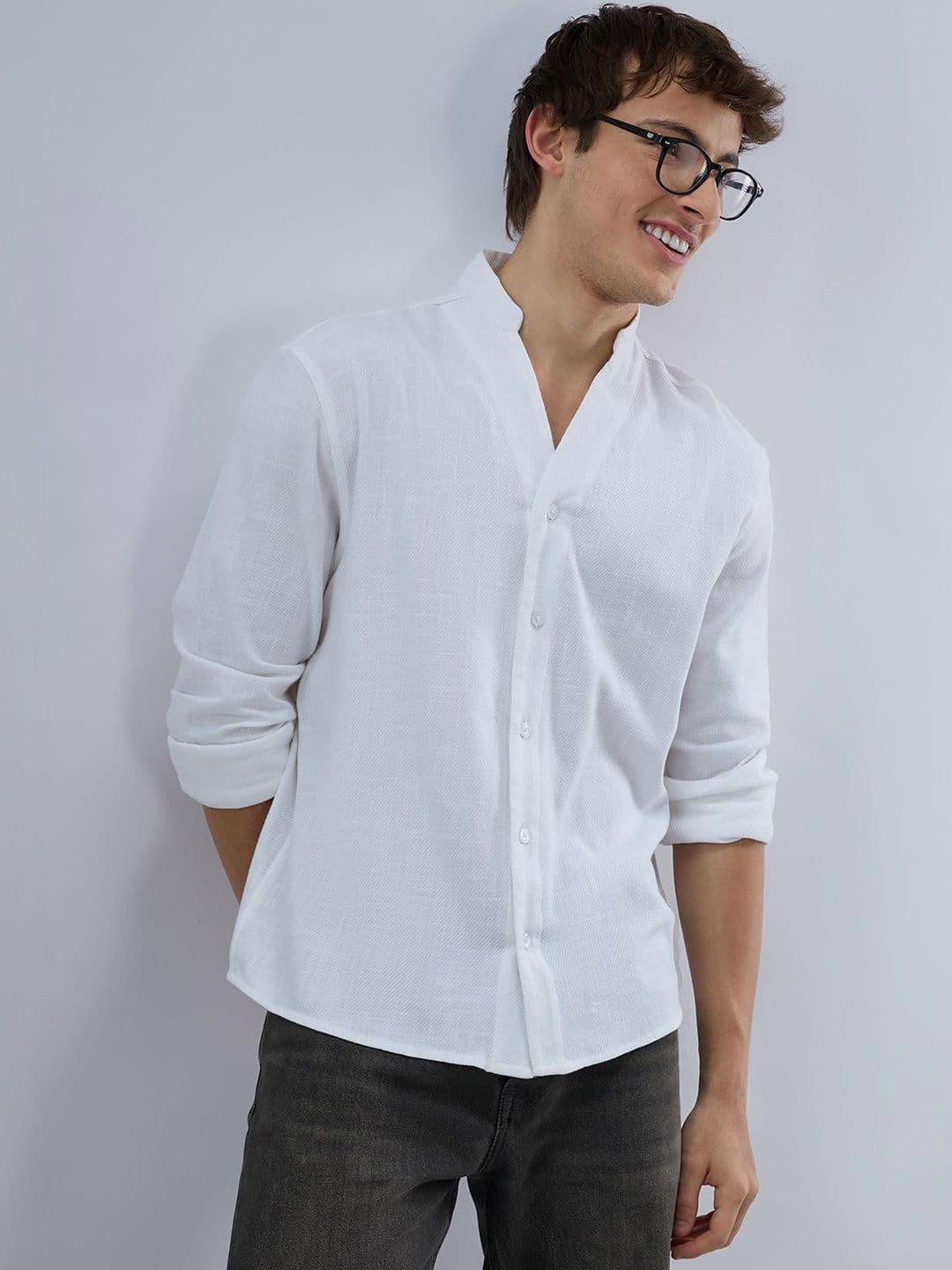 VASTRADO Soft Snow White Diagonal Textured Stand Collar Oversized Shirt - view 1