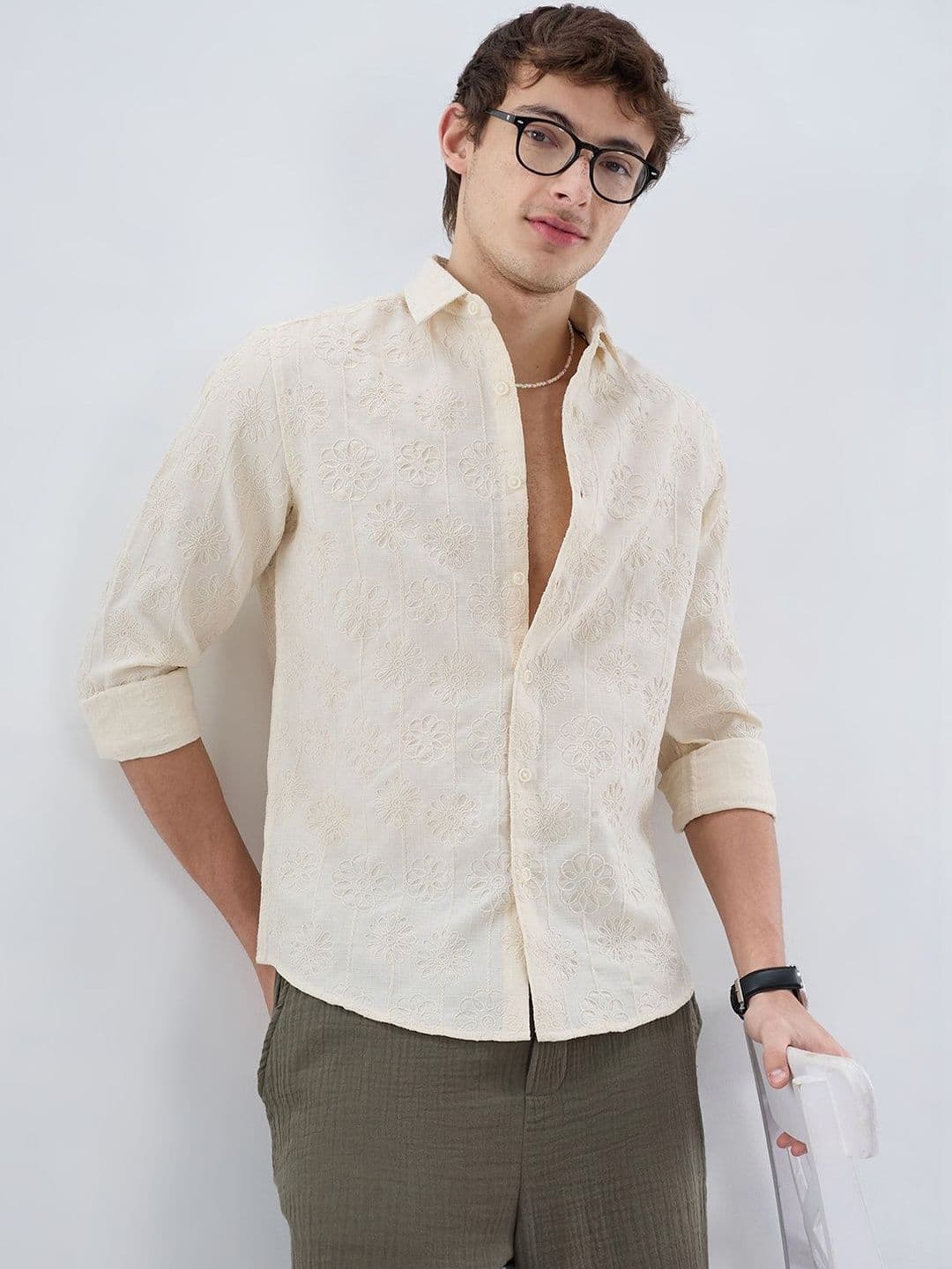 VASTRADO Serene Whispering Bloom Beige Embroidered Shirt - view 1