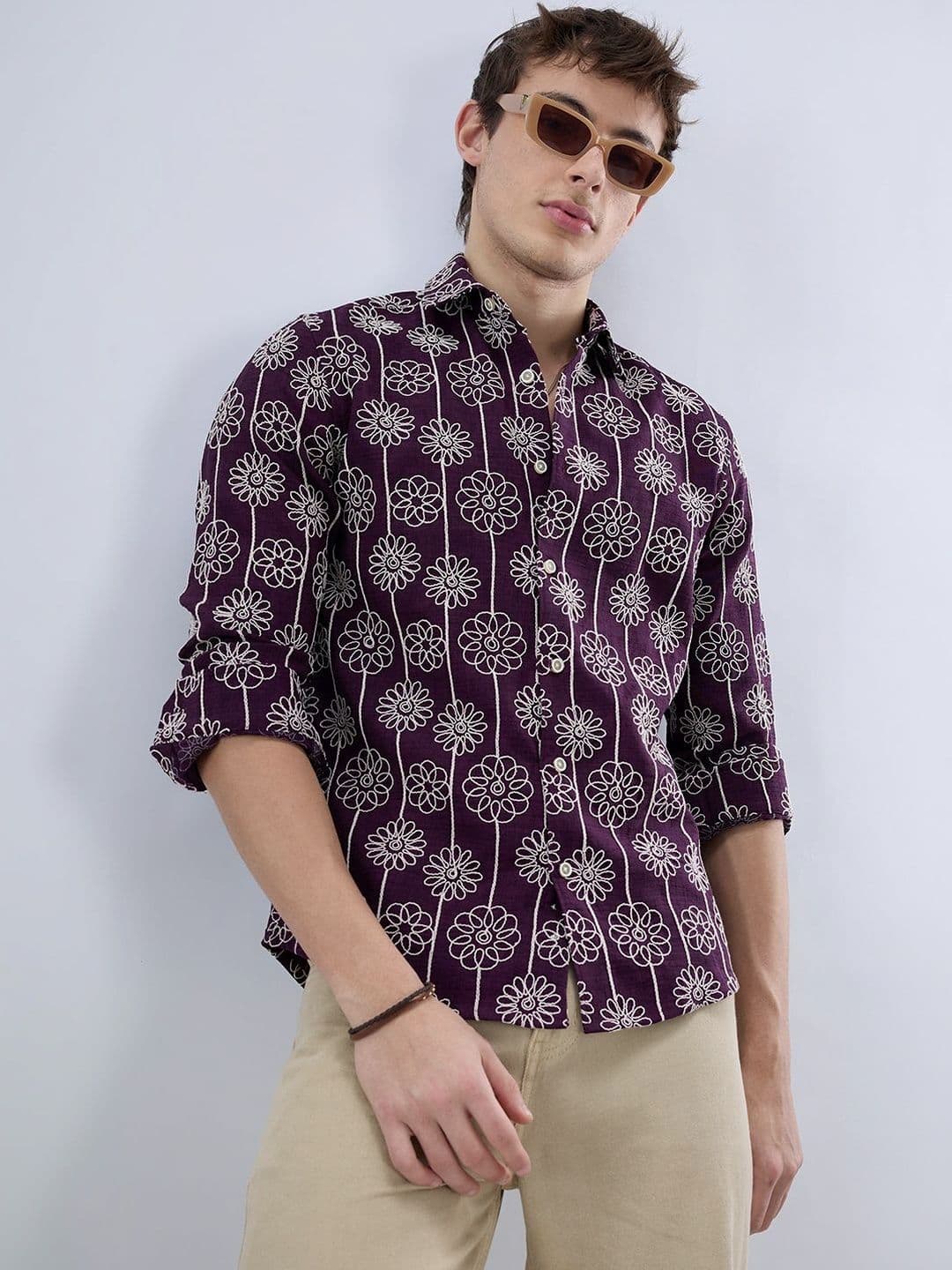 VASTRADO Wine Floral Embroidered Slub Shirt - view 1