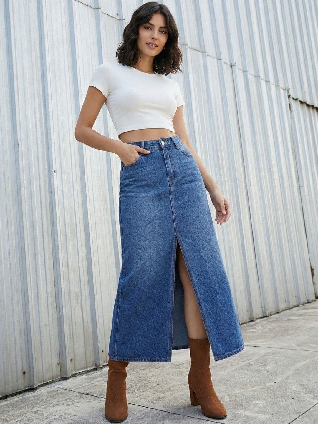 LERIYA FASHION Women Denim Blend Washed Front Slit Midi A-Line Skirt - view 1