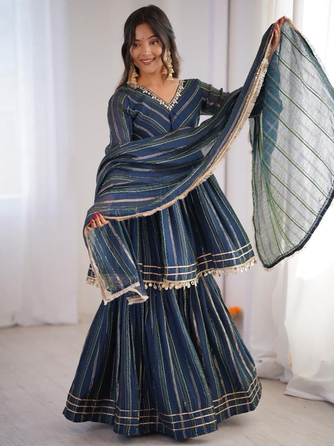 ANSH CREATION Ethnic Motifs Regular Chanderi Cotton Kurta with Sharara & With Dupatta - view 1
