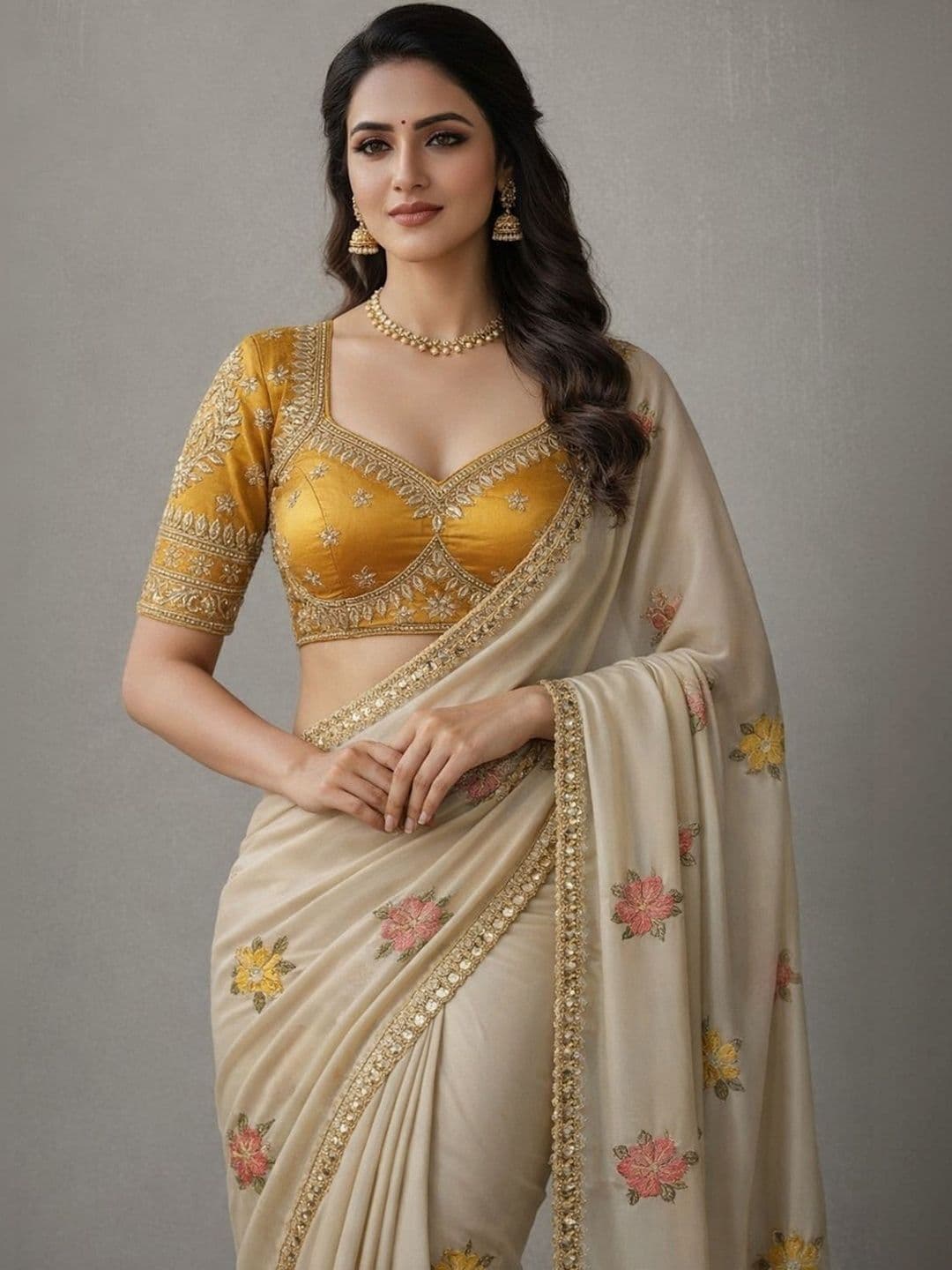 VRAGI Floral Embroidered Silk Blend Heavy Work Saree - view 1