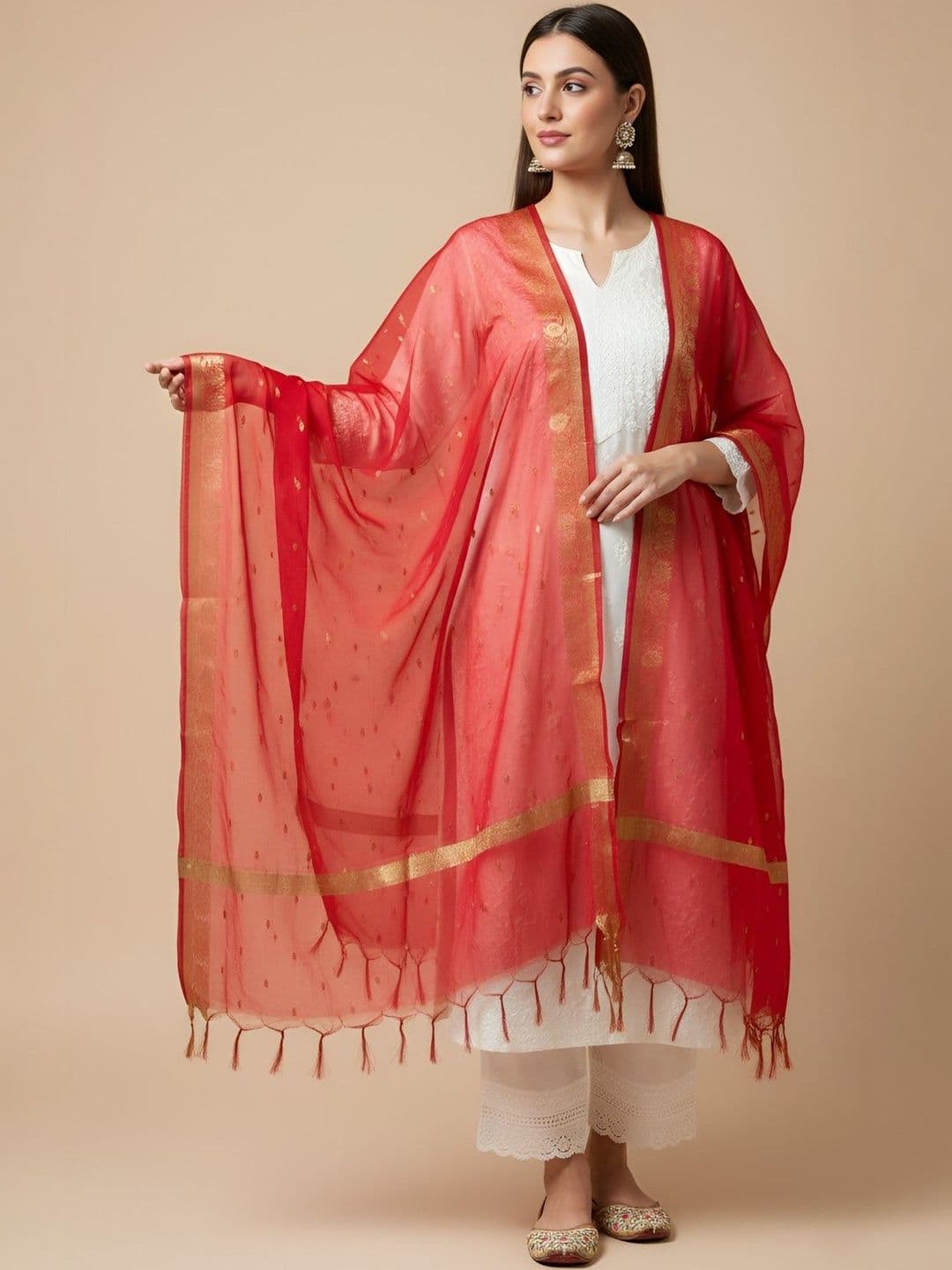 MUFFLY Ethnic Motifs Woven Design Cotton Silk Dupatta with Zari - view 1